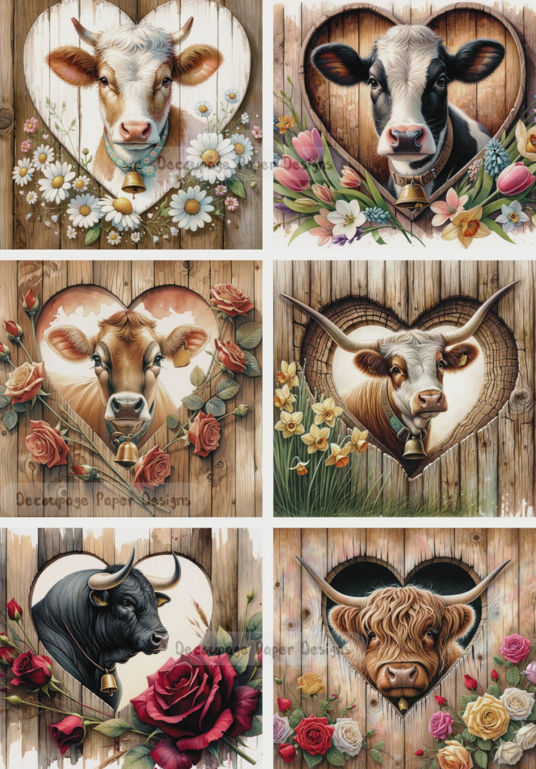 Handcrafted, Decoupage, Christmas, Barn, Cows, Bulls, Heifers, Set of 5 Ornaments,  Mixed Media, Laser Cut MDF, Farm Animals, Flowers