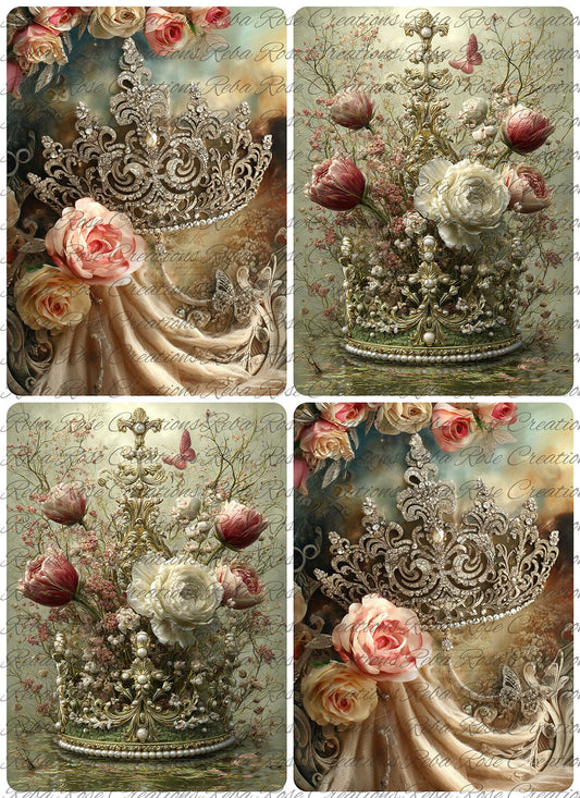 Reba Rose Rice Paper for Decoupage, Crowns, Variety, Floral, Roses, Shabby Chic, Mixed Media, 2757, A4, 8.27 X 11.6
