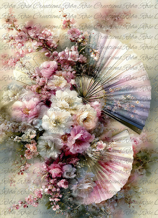 Reba Rose Rice Paper for Decoupage, Whispers of Sakura, Asian Floral Fans Art, Mixed Media, 2759, A4, 8.27 X 11.6