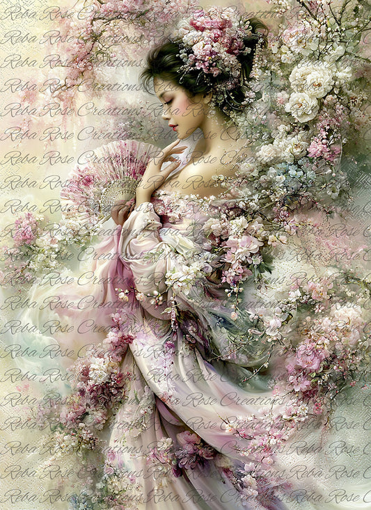 Reba Rose Creations Rice Paper for Decoupage, Mixed Media, Whispers of Sakura Geisha Maiden, Asian Style, Pink Florals, A4 8.27 X 11.6