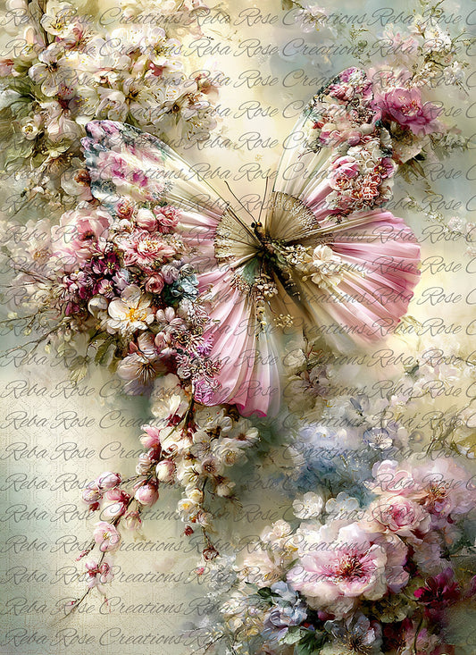 Reba Rose Creations Rice Paper for Decoupage, Mixed Media, Whispers of Sakura Fans, Butterfly, Shabby Chic, Vintage Style, A4 8.27 X 11.6