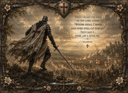 Reba Rose Creations Rice Paper for Decoupage, Medieval Knight, Battle, Bible Verse Isaiah, Send Me, Mixed Media,  A4 8.27 X 11.6