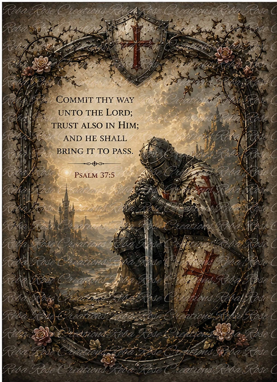 Reba Rose Creations Rice Paper for Decoupage, Medieval Knight Praying, Psalms Bible Verse, Trust, Mixed Media,  A4 8.27 X 11.6