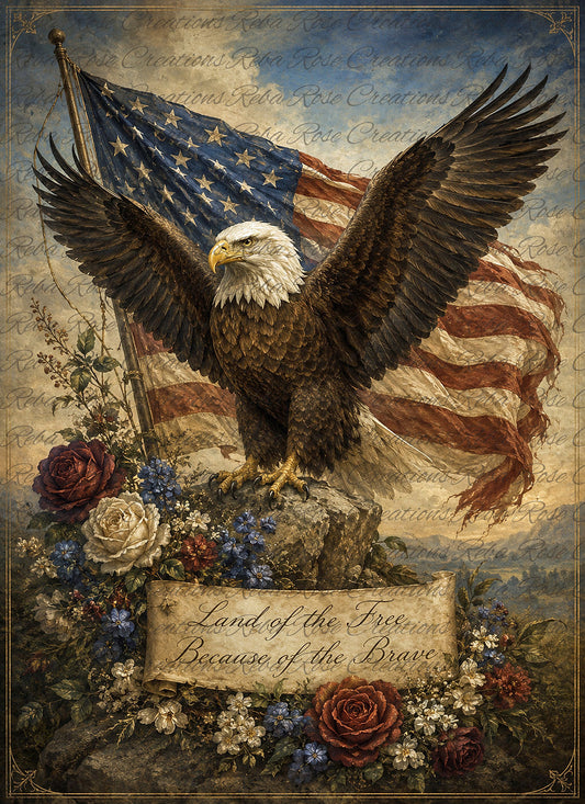 Reba Rose Creations Rice Paper for Decoupage, American Flag, Bald Eagle, Patriotic Style, Mixed Media,  A4 8.27 X 11.6