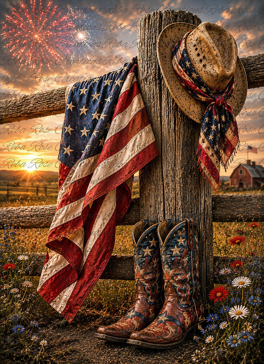Reba Rose Creations Rice Paper for Decoupage, Cowboy, American Flag, Western Style, Mixed Media,  A4 8.27 X 11.6