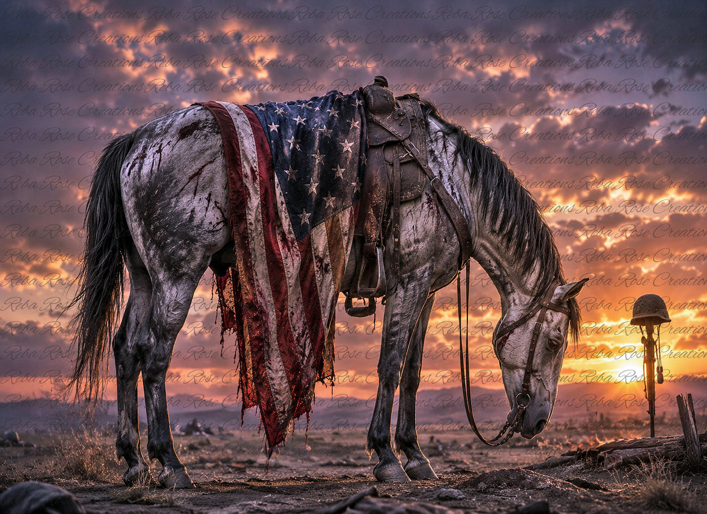 Reba Rose Creations Rice Paper for Decoupage, Riderless Horse, American Flag, Empty Saddle, Mixed Media,  A4 8.27 X 11.6