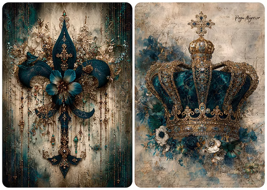 Reba Rose Creations Rice Paper, Decoupage, Mixed Media, Blue and Gold Fleur De Lis, Crown, Shabby Chic, Vintage Style,  A4 8.27 X 11.6