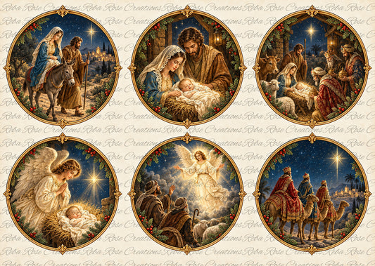 Reba Rose Rice Paper for Decoupage, Mixed Media, Vintage Nativity Rounds, A4 8.27 X 11.6
