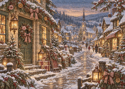 Reba Rose Rice Paper for Decoupage, Mixed Media, Christmas Winter Town Scene, A4 8.27 X 11.6