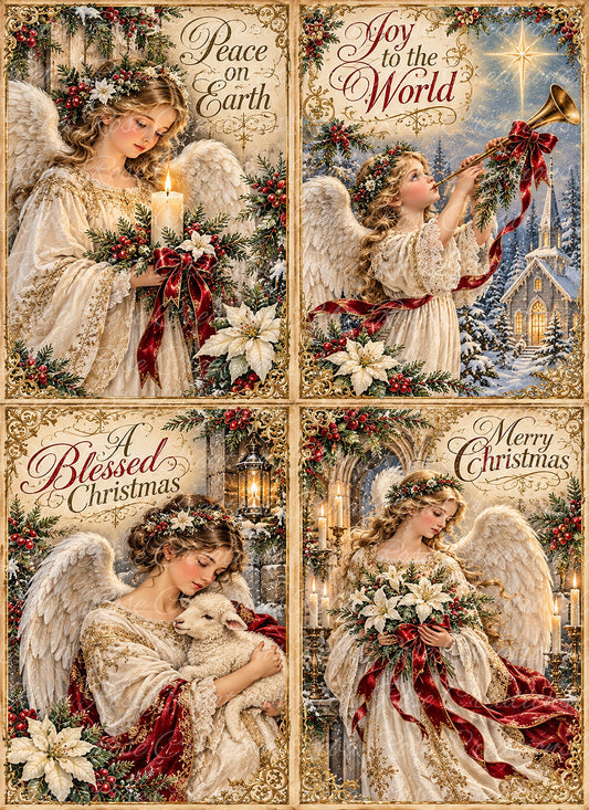 Reba Rose Rice Paper for Decoupage, Mixed Media, Christmas Angels, Vintage Style, A4 8.27 X 11.6