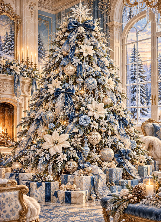 Reba Rose Rice Paper for Decoupage, Mixed Media, Blue Christmas Tree, A4 8.27 X 11.6