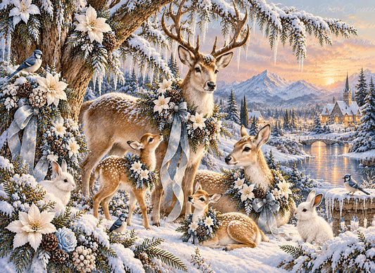 Reba Rose Rice Paper for Decoupage, Mixed Media, Blue Christmas Woodland Deer, Animals, A4 8.27 X 11.6