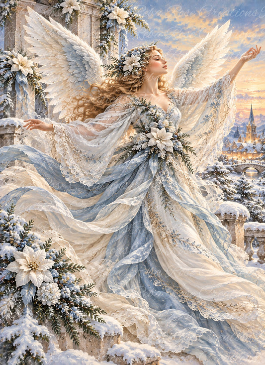 Reba Rose Rice Paper for Decoupage, Mixed Media, Blue Christmas Angel, A4 8.27 X 11.6