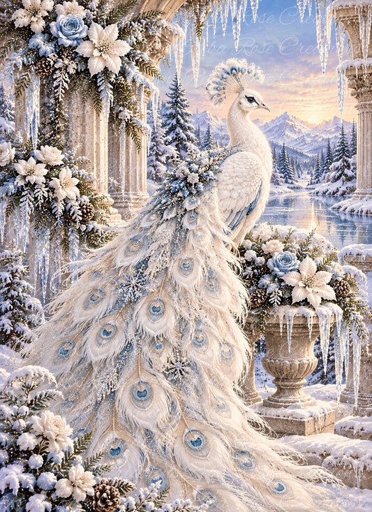 Reba Rose Rice Paper for Decoupage, Mixed Media, Blue Christmas Peacock, A4 8.27 X 11.6