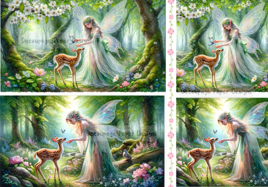 Decoupage Creatives, Rice Paper,  Mixed Media, Fairies, Deer, Fantasy, Butterflies, Forest, Mystical, Squares, A4 8.27 X 11.69, DPD-429