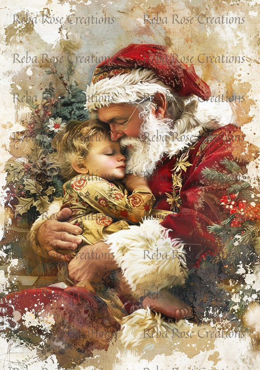 Reba Rose Creations, Rice Paper for Decoupage, Mixed Media, Santa, Child, Hugs, Christmas, 45, A3, 11.7 x 16.5