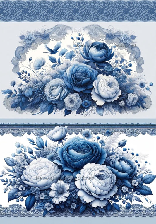 Decoupage Creatives, Rice Paper for Decoupage, Mixed Media, Spring, Blue Peony, Lace, Shabby Chic, Flowers, Squares A4 8.27 X 11.6 DPD480