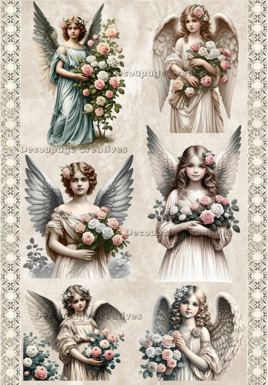 Decoupage Creatives, Rice Paper for Decoupage, Mixed Media, Vintage Angels, Squares, Shabby Chic, Flowers, Squares A4 8.27 X 11.6 DPD489