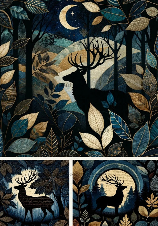 Decoupage Creatives, Rice Paper for Decoupage, Deer, Moonlight, Blue, Black, Silhouette, Mixed Media, Christmas, A4 8.27 X 11.69, DPD-490