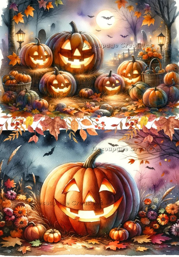 Decoupage Creatives, Rice Paper, Happy, Halloween, Pumpkins, Jack-O-Lanterns, Decorations, Squares, Mixed Media, A4 8.27 X 11.69 DPD516
