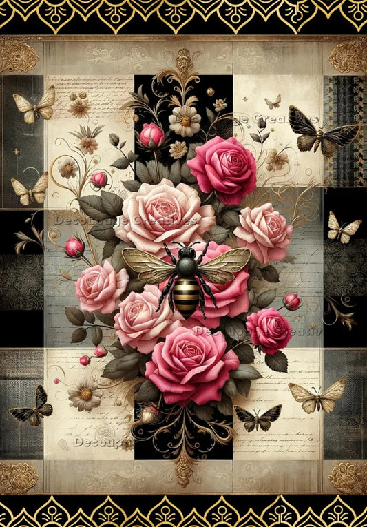 Decoupage Creatives, Rice Paper, Gilded Queen Bee, Pink Roses, Butterflies, Plaid, Lace, Shabby Chic, Mixed Media, A4 8.27 X 11.69 DPD544