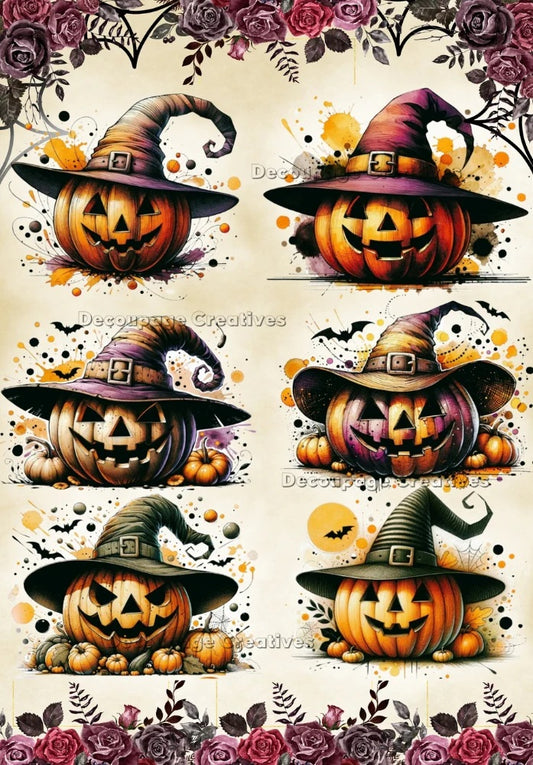 Decoupage Creatives, Rice Paper, Halloween, Pumpkins, Jack-O-Lanterns, Witches Hats, Squares, Mixed Media, A4 8.27 X 11.69 DPD547