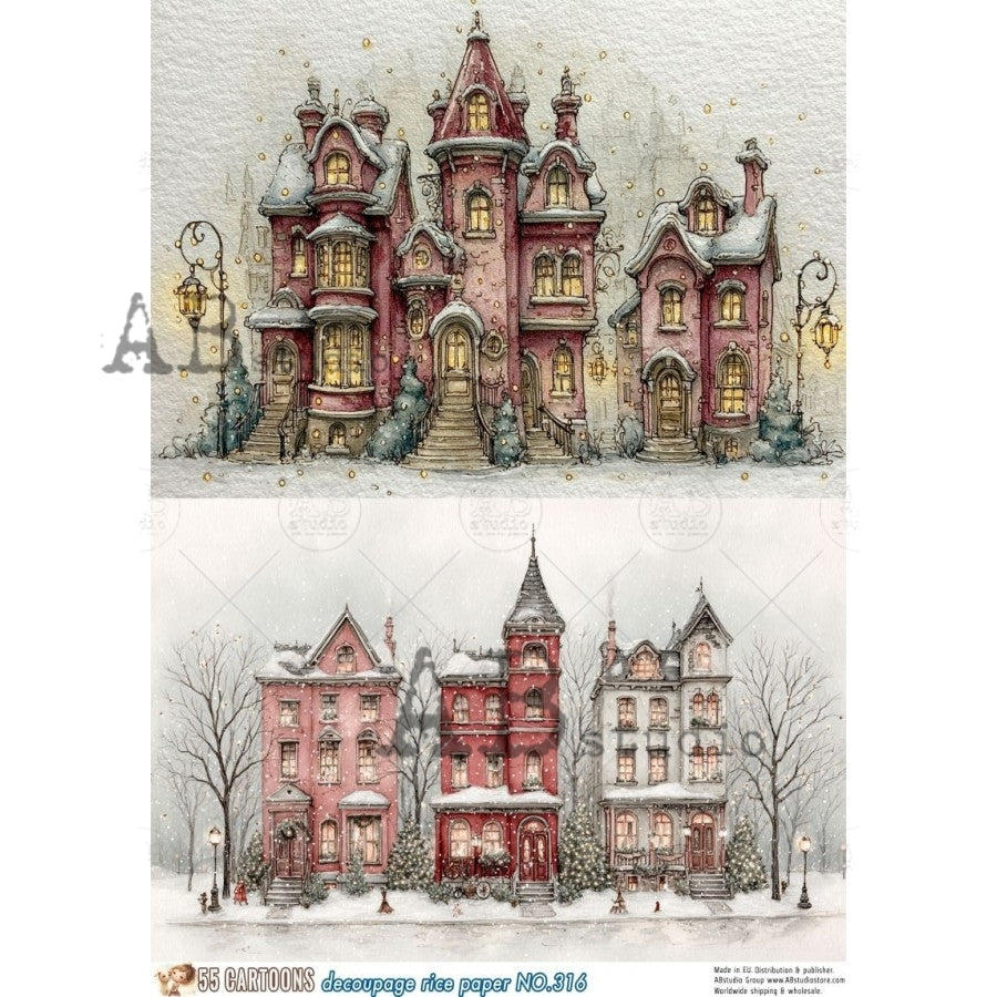 AB Studio Cartoons Rice Paper, Animated Tenement Row Houses, Winter, Vintage Style, A4 8.2 X 11.7