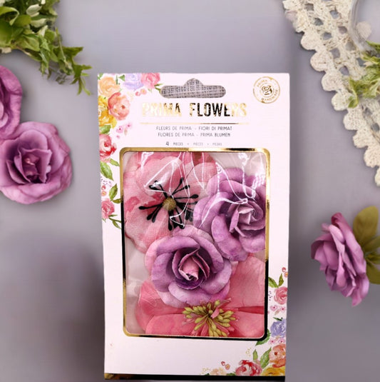 Prima Marketing, Handmade Paper Flowers, Amethyst Collection, 4 Piece, Pink, Purple, Roses, Scrapbooking, Mixed Media 582609