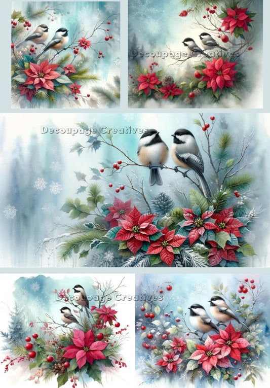 Decoupage Creatives, Rice Paper, Christmas, Chickadee's, Birds, Poinsettia, Squares, Shabby Chic, Mixed Media, A4 8.27 X 11.69 DPD624