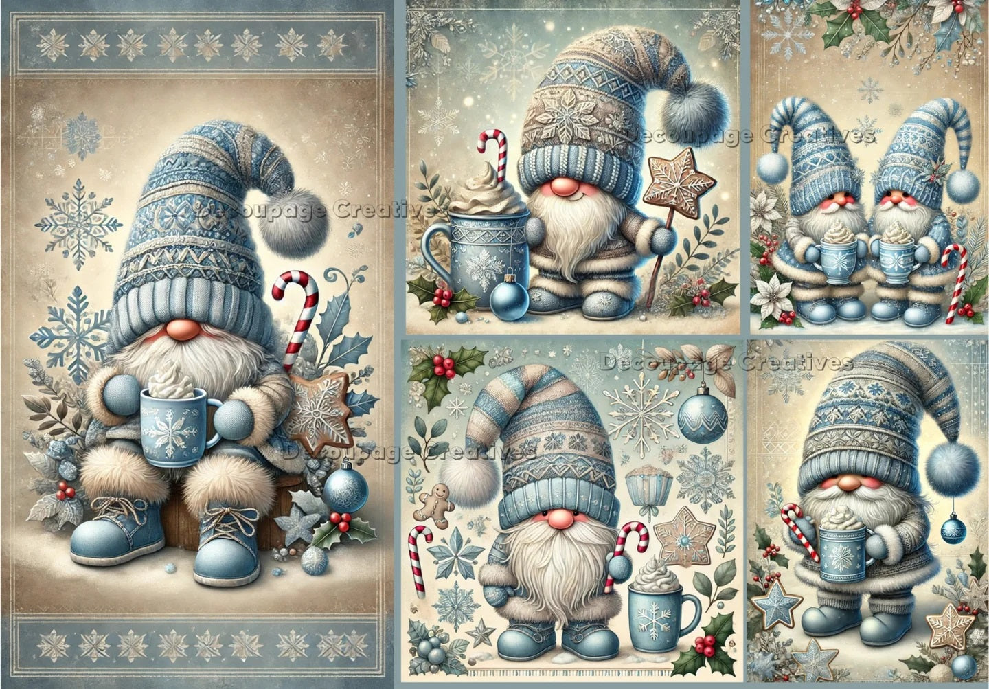 Decoupage Creatives, Rice Paper, Mixed Media, Christmas, Blue, Gnomes, Hot Chocolate, Candy, Squares, Elves, A4 8.27 X 11.69 DPD648