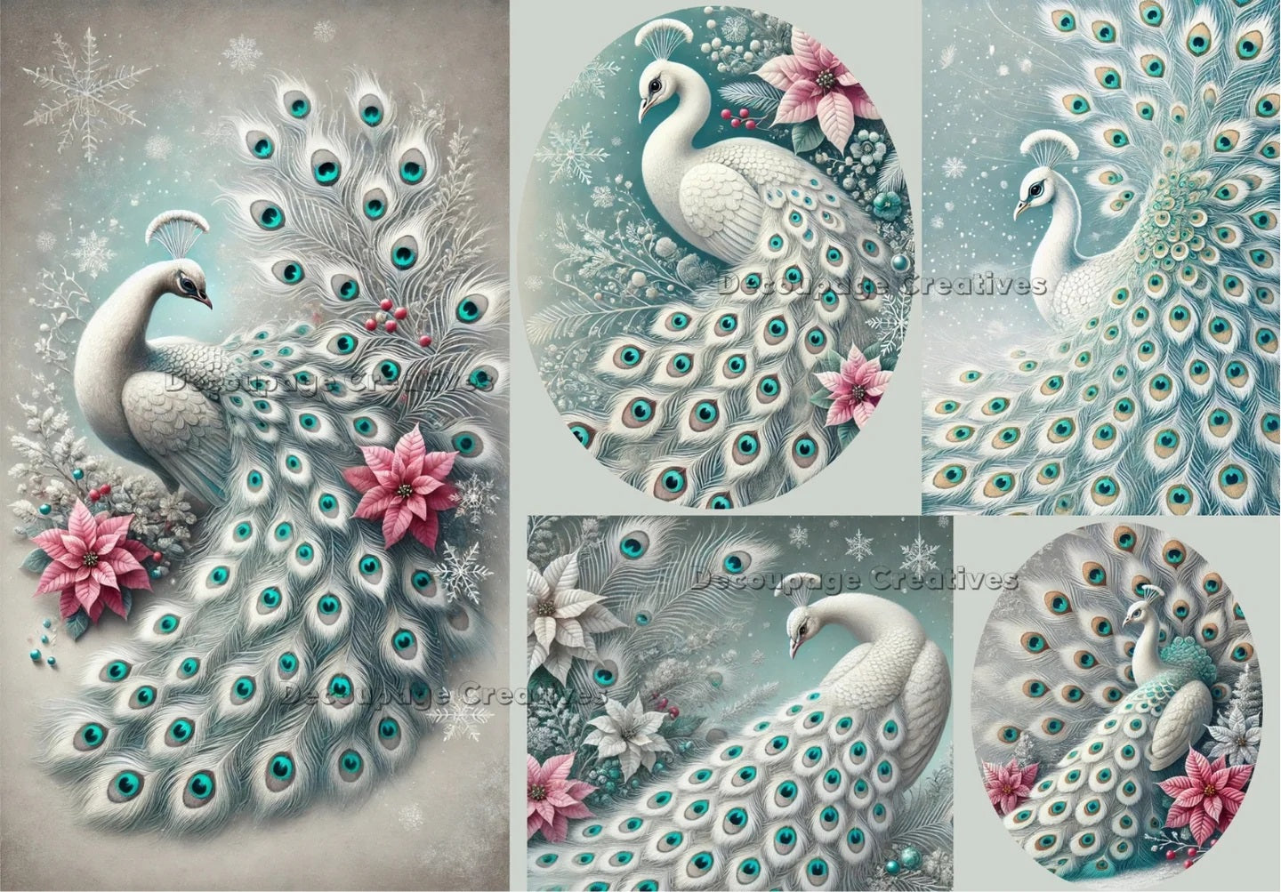 Decoupage Creatives, Rice Paper, Christmas, Winter Peacock, Blue, Squares, Rounds, Shabby Chic, Mixed Media, A4 8.27 X 11.69 DPD649