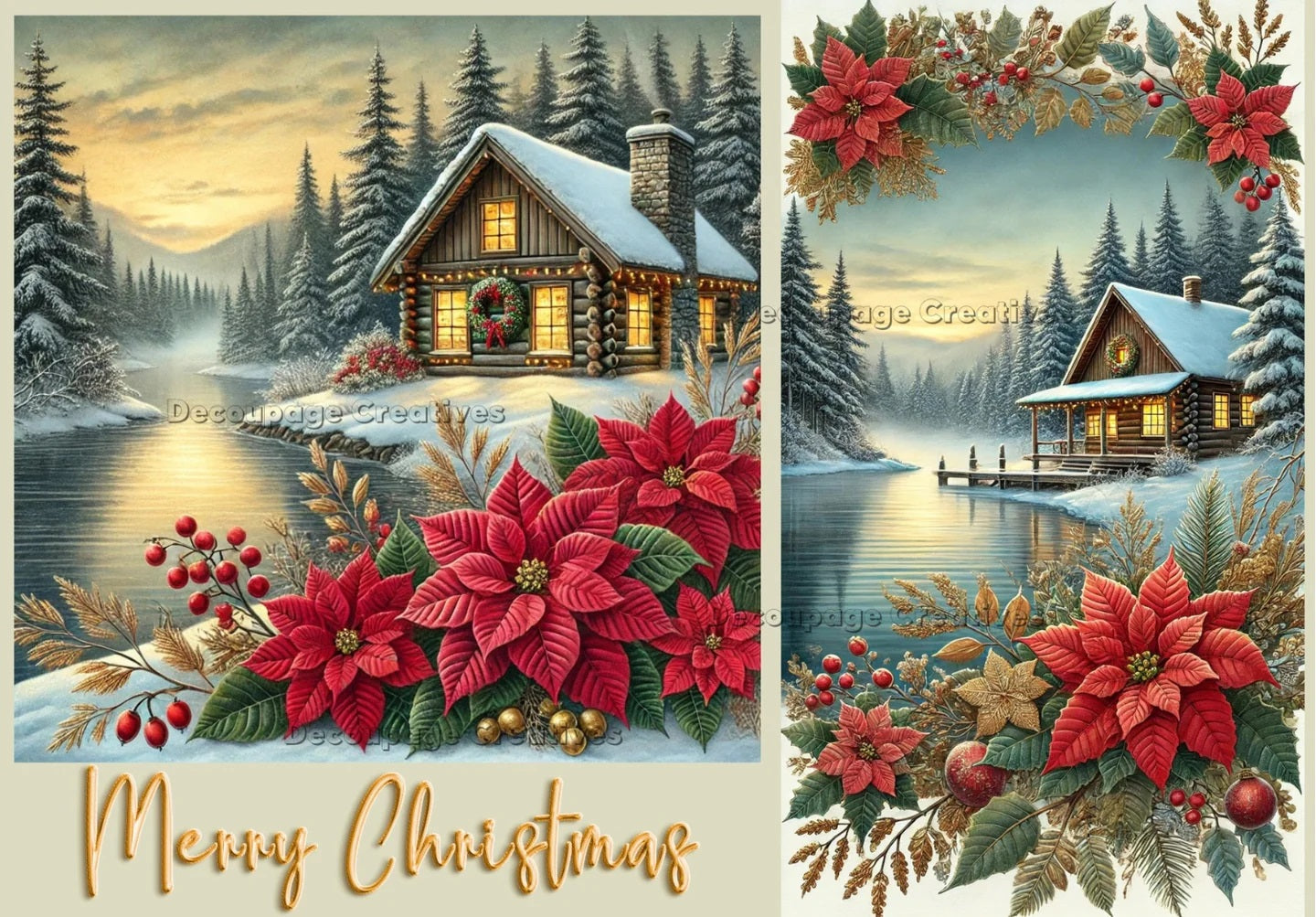 Decoupage Creatives, Rice Paper, Christmas Cabin, Cards, Poinsette, Snow, Winter, Landscape, Mixed Media, Christmas, A4 8.27 X 11.69, DPD651