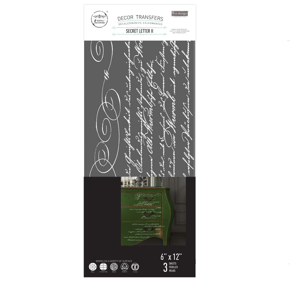 Re-Design with Prima, Small Rub-on Transfers, Secret Letter, Script, Writing, 3 sheets, 6″x12″