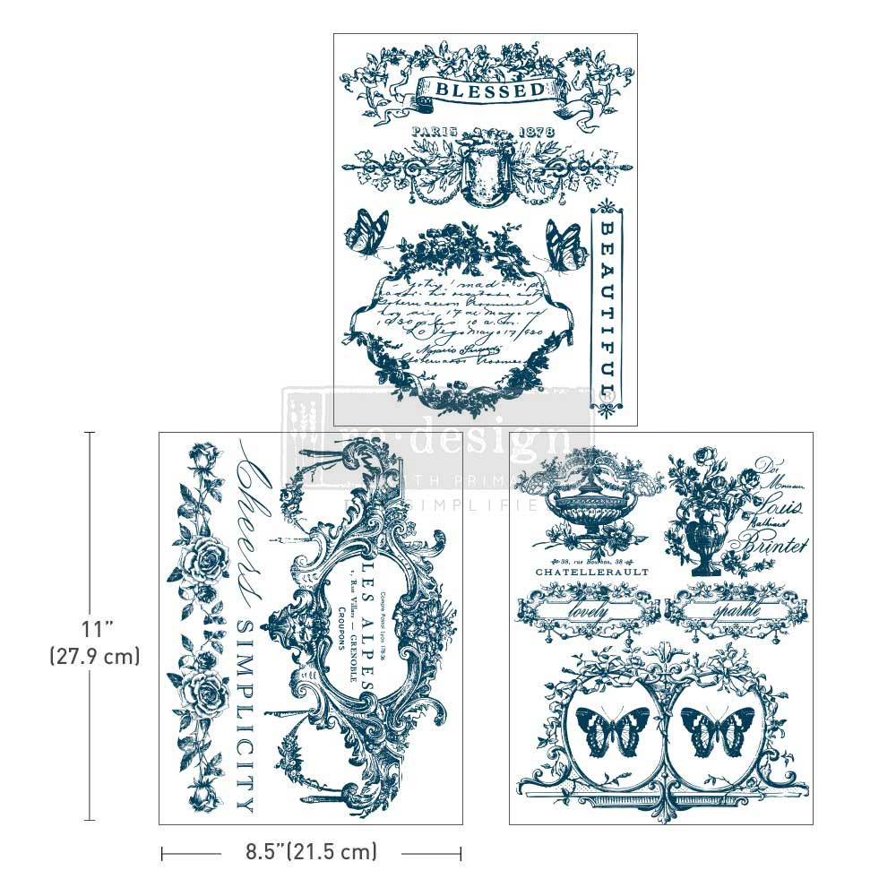 Re-Design with Prima, Middy Transfers, Lovely Labels, Midnight Blue, French Inspired, 3 sheets, 8.5″x11″