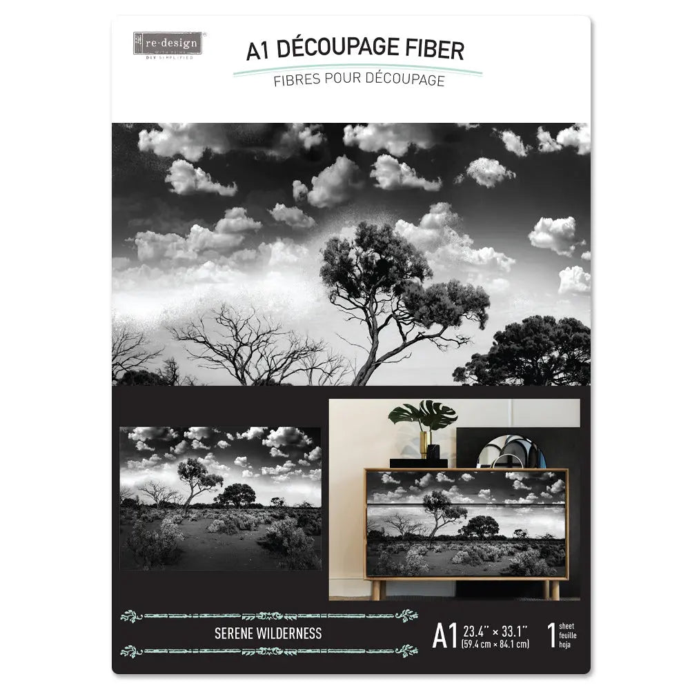 Re-Design with Prima, Decoupage Fiber Paper Set,  Serene Wilderness, Black and White, Landscape, 1 sheet, 23.4″x33.1″ Re-Design with Prima