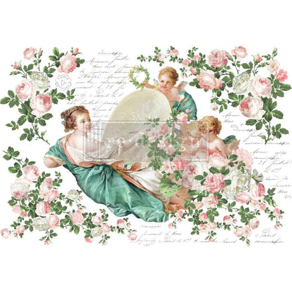 Re-Design with Prima, Decor Transfers, Chambre De La Reine, Roses, Florals, Script, Romantic, total size 24″x35″, cut into 2 sheets, 2024 Q1 Re-Design with Prima