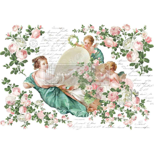 Re-Design with Prima, Decor Transfers, Chambre De La Reine, Roses, Florals, Script, Romantic, total size 24″x35″, cut into 2 sheets, 2024 Q1