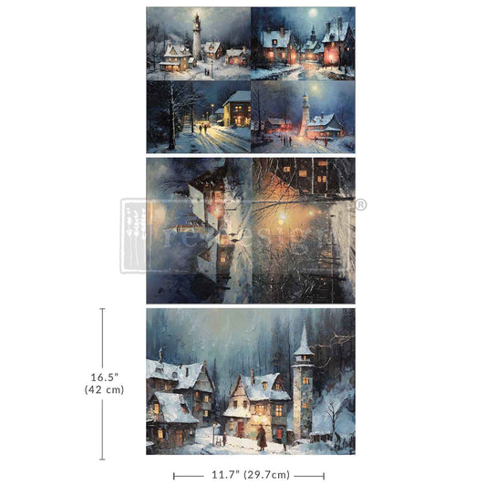 Re-Design with Prima, A3 Decoupage Fiber Pack, Snowy Twilight, Winter Scenes, Village, Snowy 3 sheets, 11.7″x16.5″, Christmas, Mixed Media