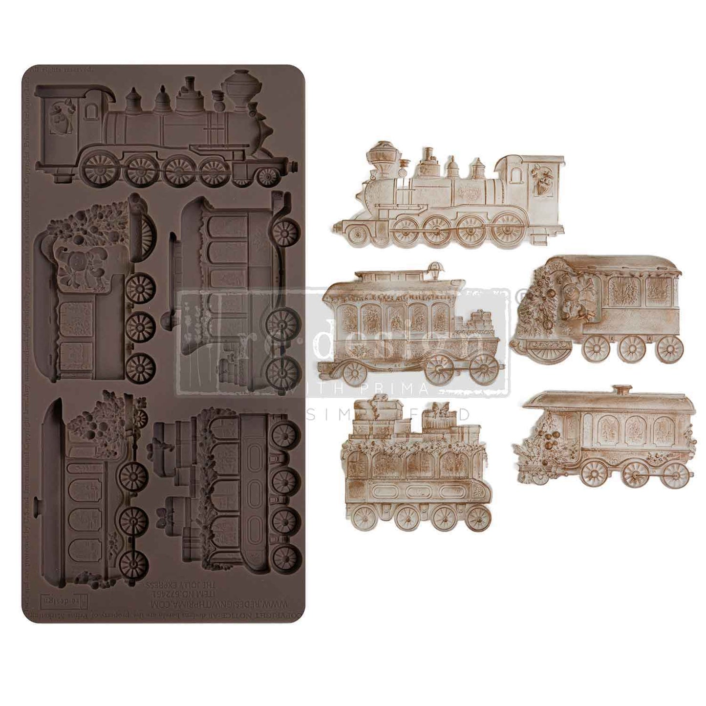 Redesign with Prima, Limited Edition, Decor Mould, Train, Jolly Express, Holiday Collection, Food Safe, Silicone Mold, 10.75 × 5 × 0.31