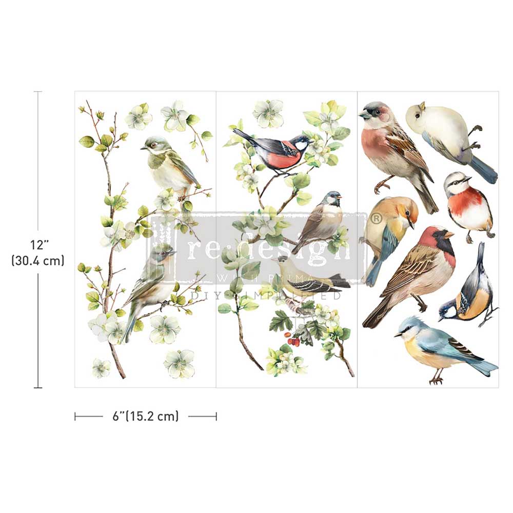 Re-Design with Prima, Small Rub-on Transfers, Nestled Whisper, Birds on Branches, 3 sheets, 6″x12″