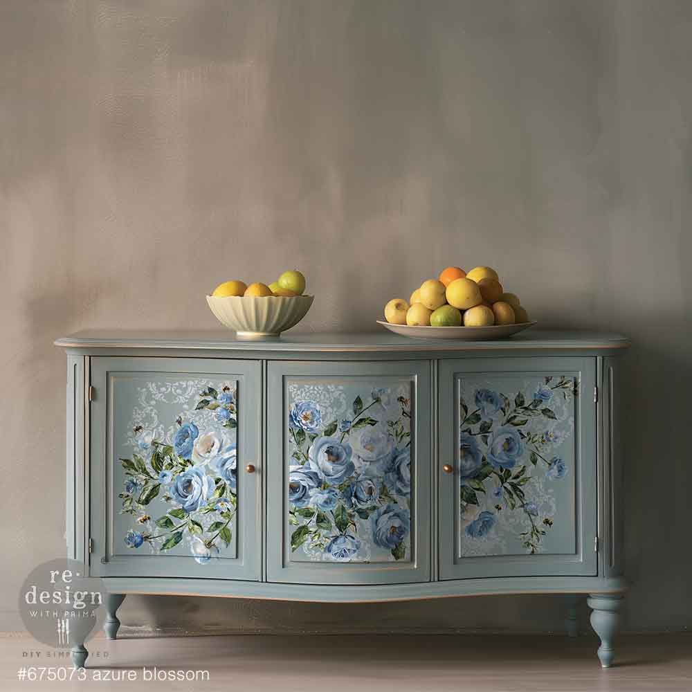 Re-Design with Prima, Rub-On Decor Transfers, Azure Blossom, Soft Blue, Florals, Vintage Style, 24″x35″, cut into 4 sheets