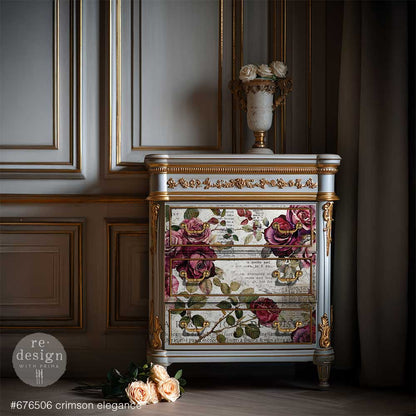 Re-Design with Prima, Double Delight Decoupage Fiber Paper Set, Crimson Elegance, Burgundy Roses, Vintage, 2 sheets, 19.5″x30″, 11.7″x16.5″