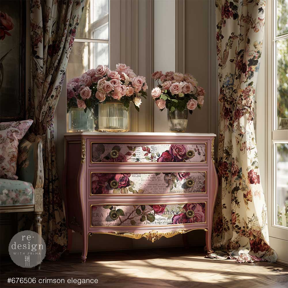 Re-Design with Prima, Double Delight Decoupage Fiber Paper Set, Crimson Elegance, Burgundy Roses, Vintage, 2 sheets, 19.5″x30″, 11.7″x16.5″