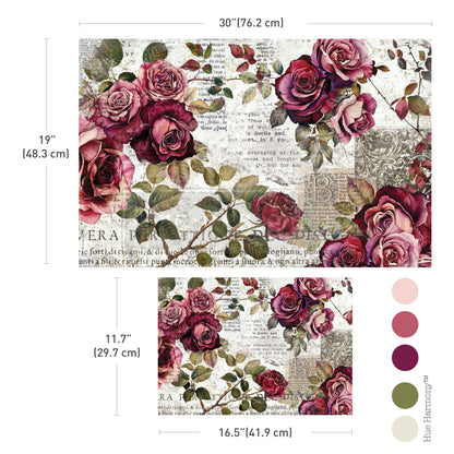 Re-Design with Prima, Double Delight Decoupage Fiber Paper Set, Crimson Elegance, Burgundy Roses, Vintage, 2 sheets, 19.5″x30″, 11.7″x16.5″