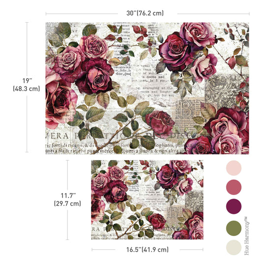 Re-Design with Prima, Double Delight Decoupage Fiber Paper Set, Crimson Elegance, Burgundy Roses, Vintage, 2 sheets, 19.5″x30″, 11.7″x16.5″
