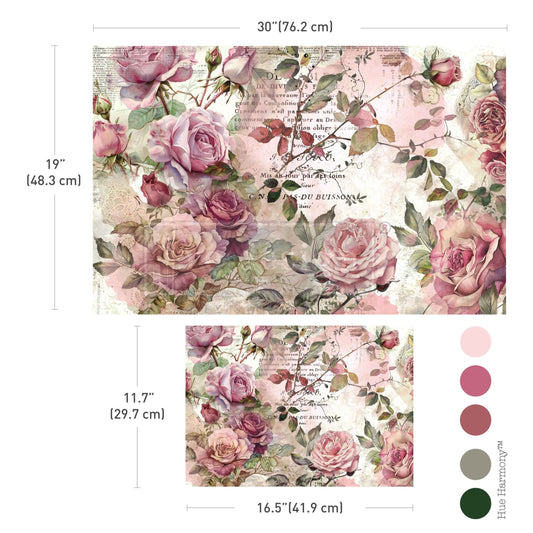 Re-Design with Prima, Double Delight Decoupage Fiber Paper Set, Dusty Velvet Mauve, Vintage Roses, 2 sheets, 19.5″x30″, 11.7″x16.5″