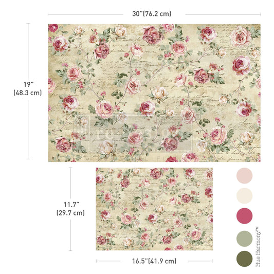 Re-Design with Prima, Double Delight Decoupage Fiber Paper Set, Timeless Charm, Roses, Shabby Chic, 2 sheets, 19.5″x30″, 11.7″x16.5″