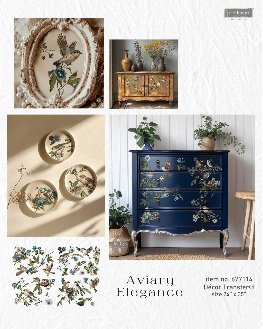 Re-Design with Prima, Rub on Decor Transfers, Aviary Elegance, total sheet size 24″x35″, cut into 4 sheets, Large Transfer, Birds, Blossoms