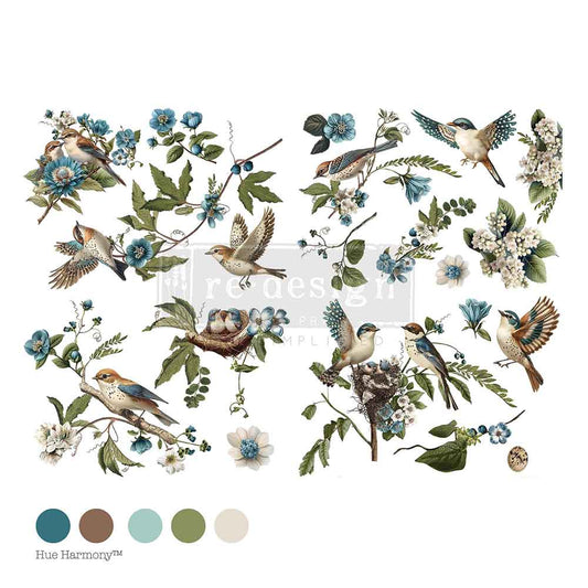 Re-Design with Prima, Rub on Decor Transfers, Aviary Elegance, total sheet size 24″x35″, cut into 4 sheets, Large Transfer, Birds, Blossoms