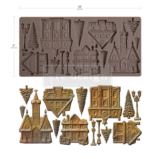 Redesign with Prima, Silicone Mold, Decor Moulds®, Christmas Village, Cottages, Towns, Lamp Post, Trees, 1 pc, 5″x10″x 8mm, Food Safe